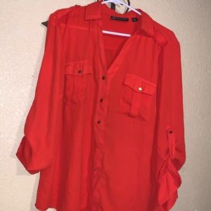 3/4 sleeve blouse orange red. Two buttons have peeling